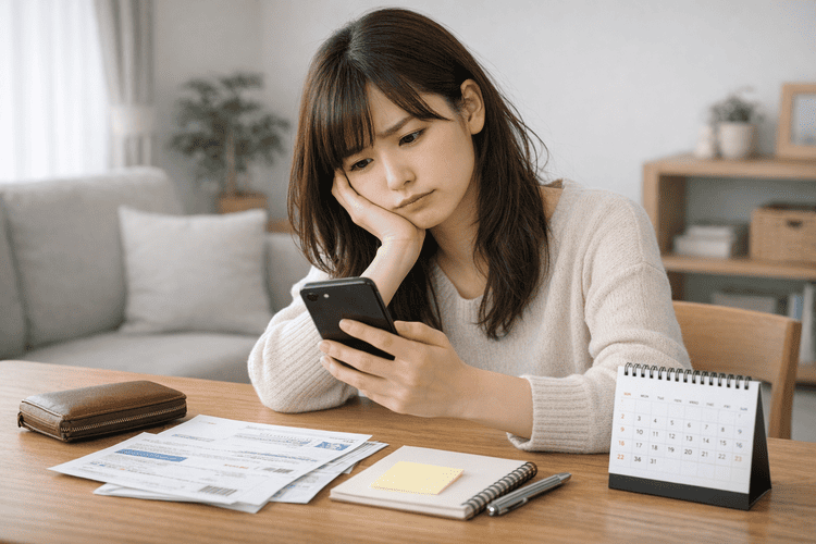 スマホを見ながら資金繰りに悩む人物のイメージ