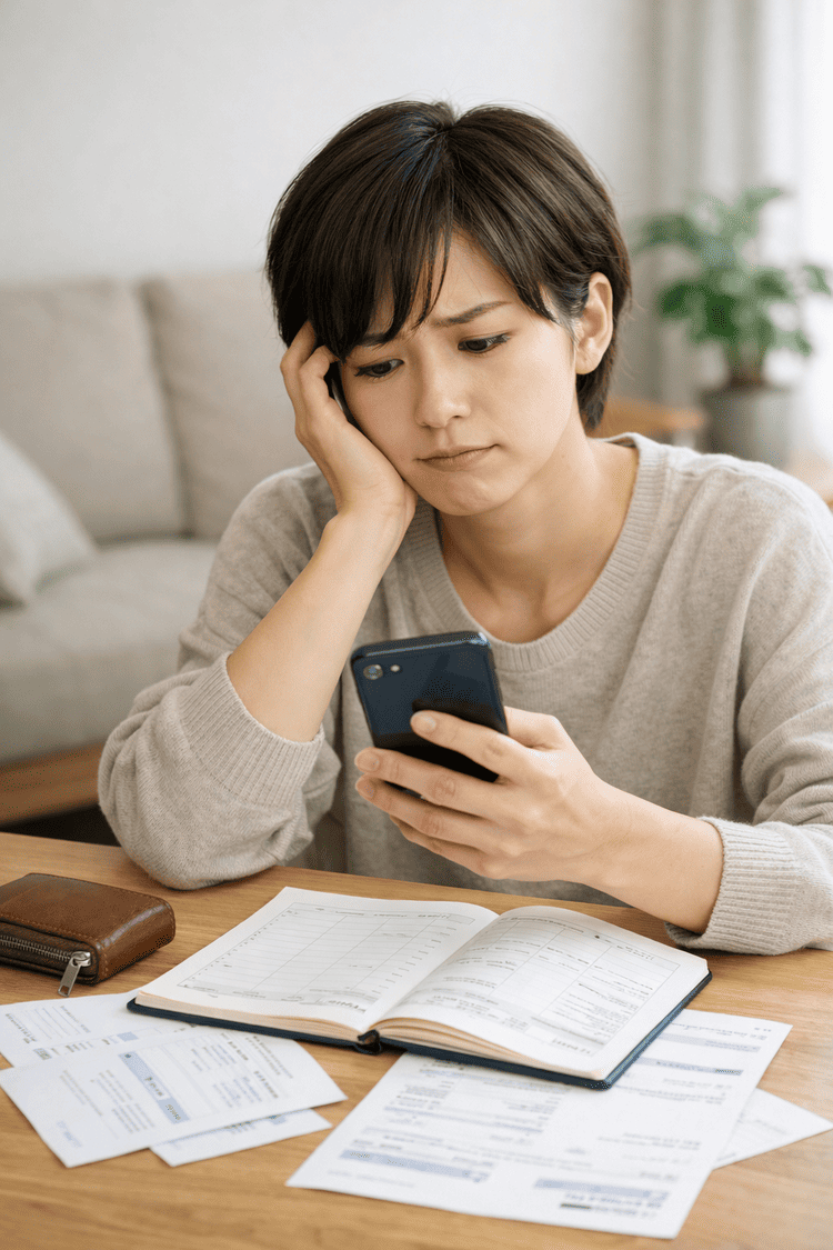 atoneの後払い枠をどう使うか悩みながらスマホを見る人物